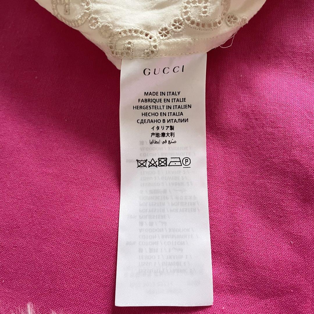 未使用級　GUCCI　シャツ　GG柄　ボウタイ　カットワーク　L相当　ベージュ