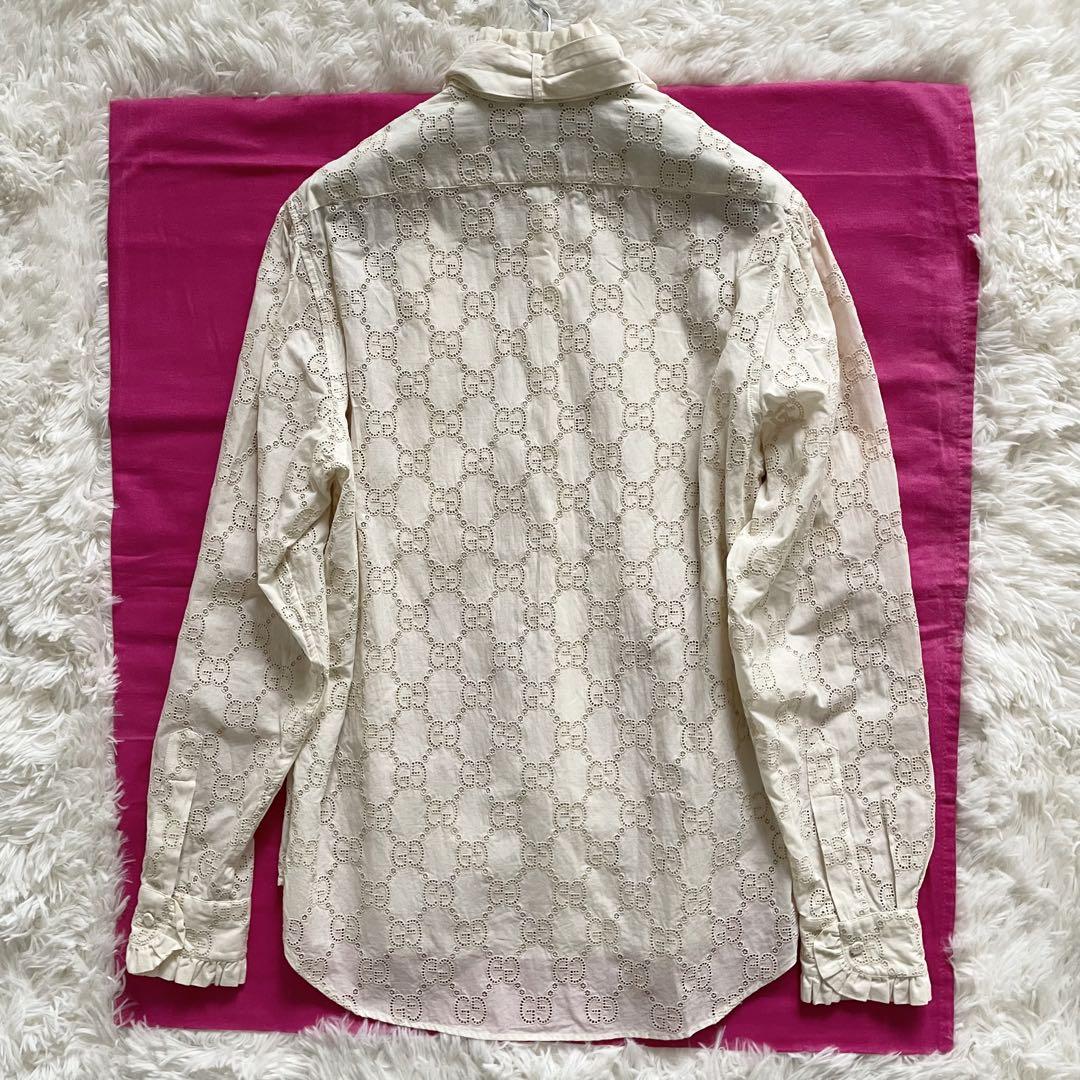未使用級　GUCCI　シャツ　GG柄　ボウタイ　カットワーク　L相当　ベージュ