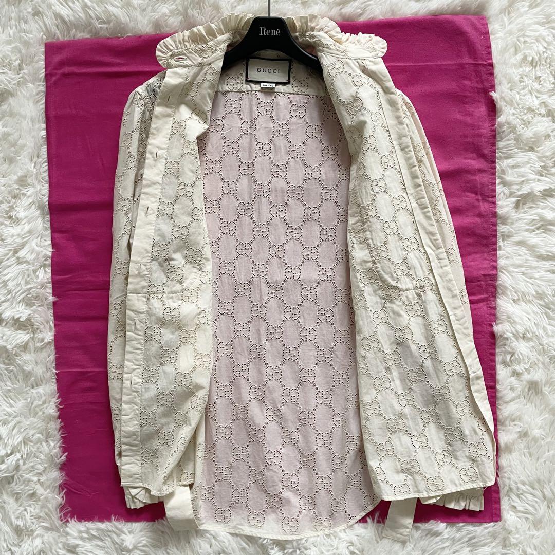 未使用級　GUCCI　シャツ　GG柄　ボウタイ　カットワーク　L相当　ベージュ