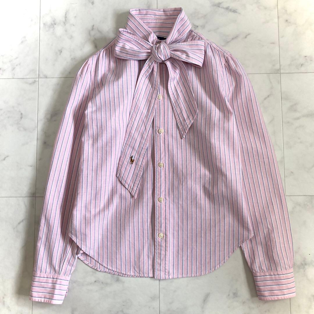 ポロラルフローレン 現行 ボウタイ ストライプ シャツ ポニー刺繍 ピンクM POLO RALPH LAUREN