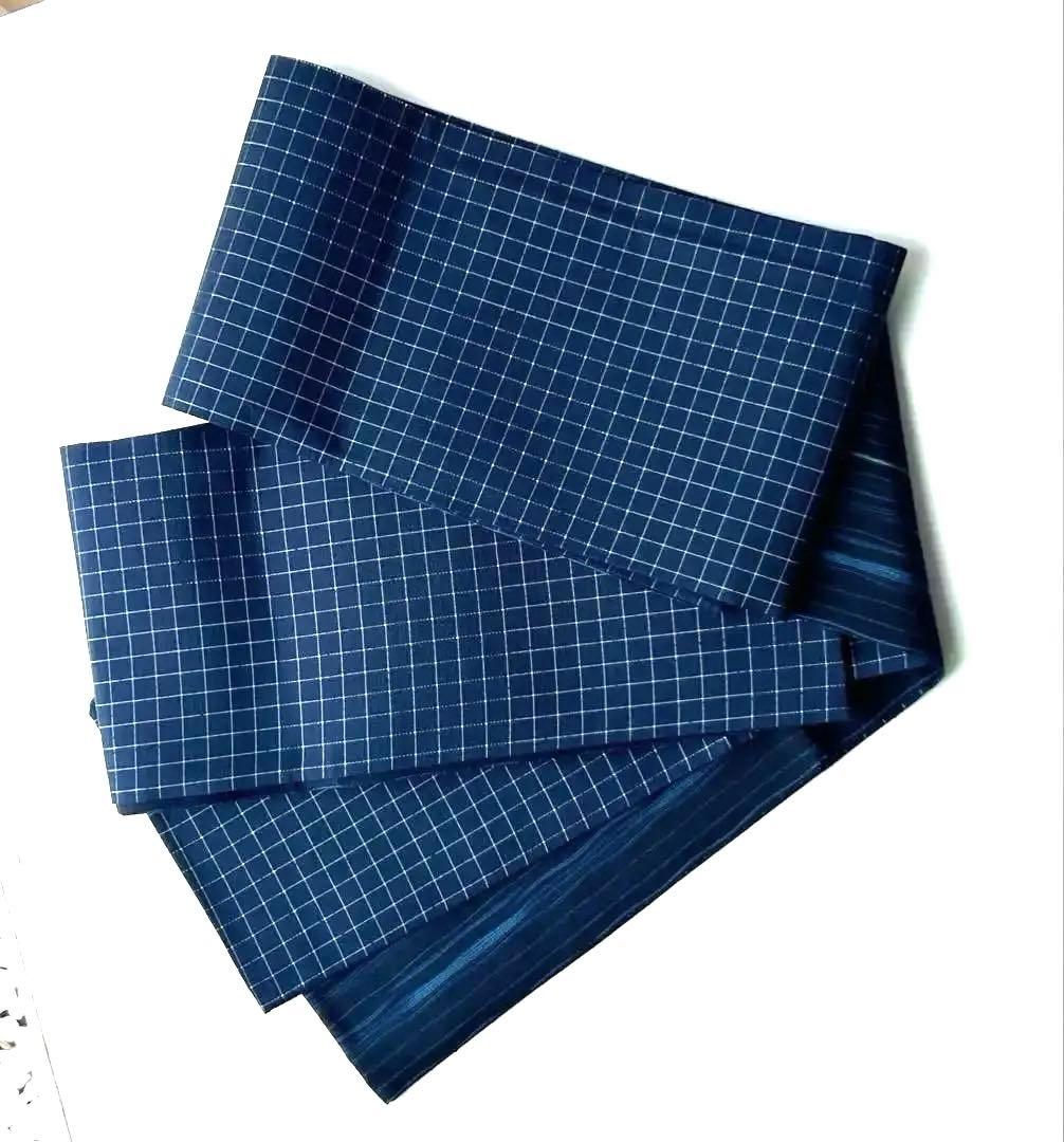 半幅帯 正絹 小袋仕立て 西陣織黒門工芸 濃紺に白の格子 リバーシブル