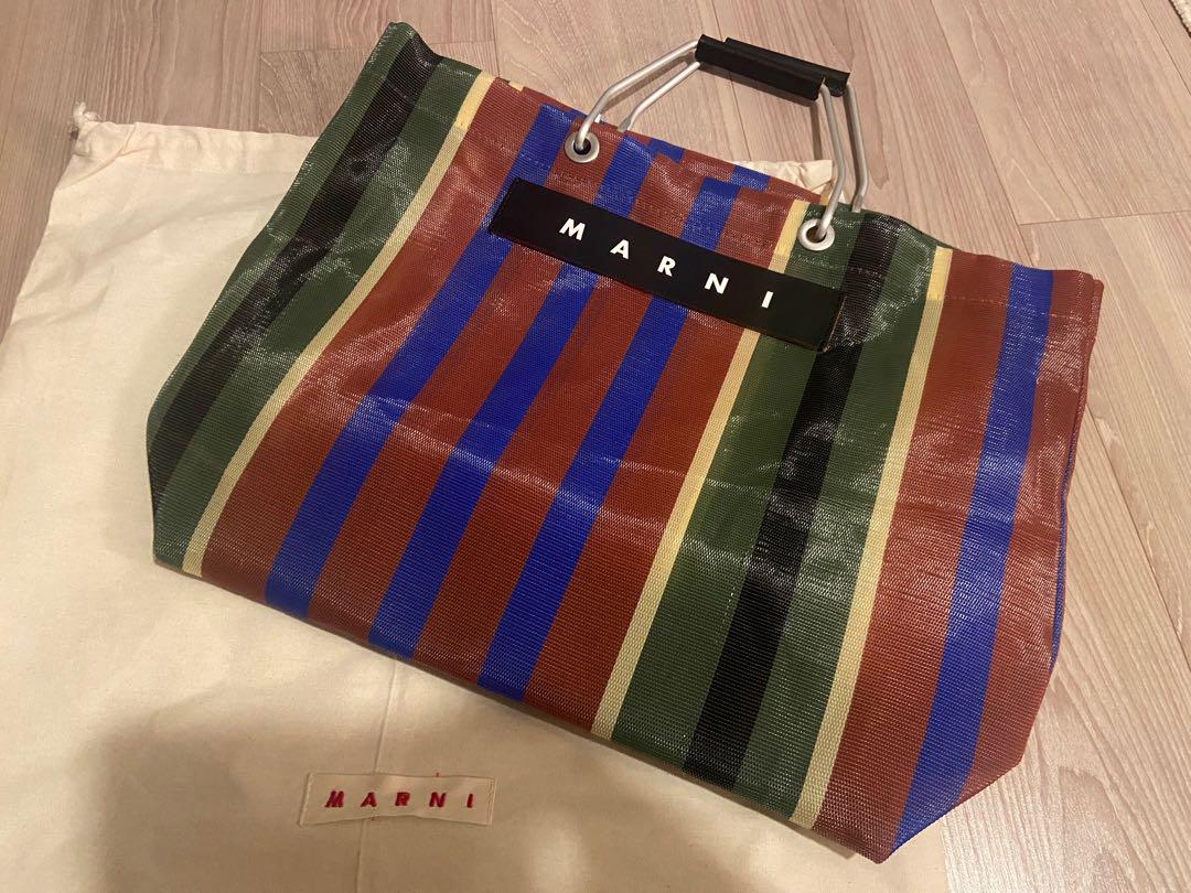 MARNI マルニフラワーカフェ ストライプバッグ トートバッグ モスグリーンレディース