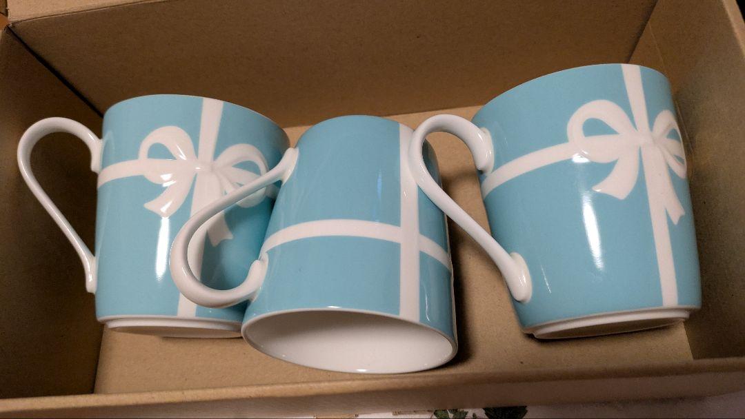 ティファニーTIFFANY水色リボン模様マグカップ3個セット（自宅保管品）