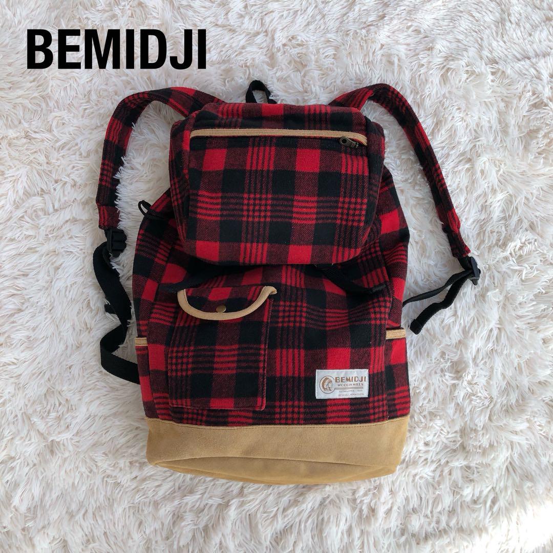 【美品BEMIDJIベミジウーリンミルズバッファローチェックリュックスエード赤黒