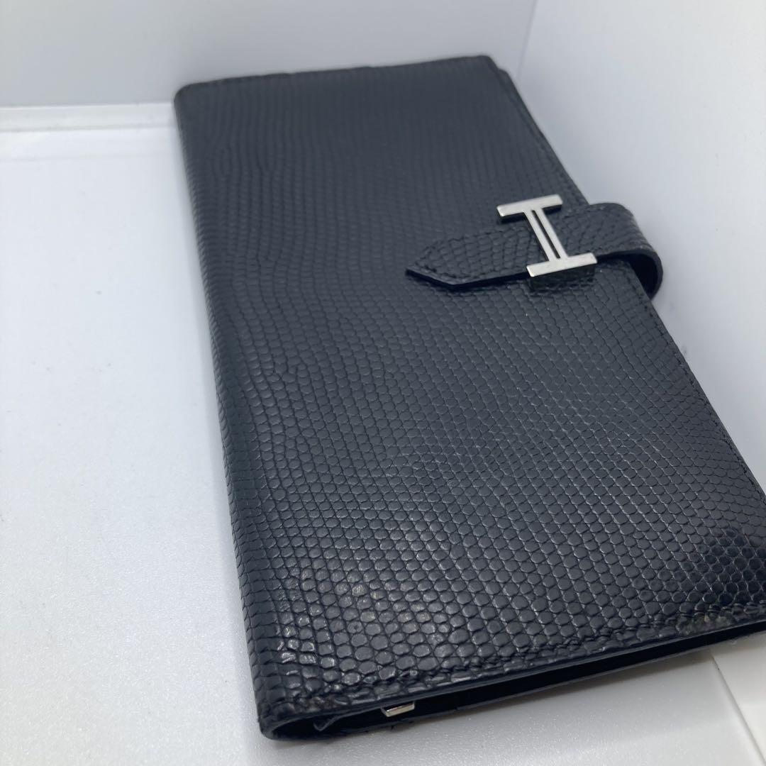 美品✨ エルメス HERMES ベアン 長財布 リザード ブラック シルバー金具