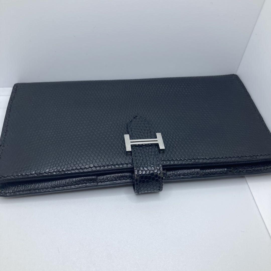 美品✨ エルメス HERMES ベアン 長財布 リザード ブラック シルバー金具