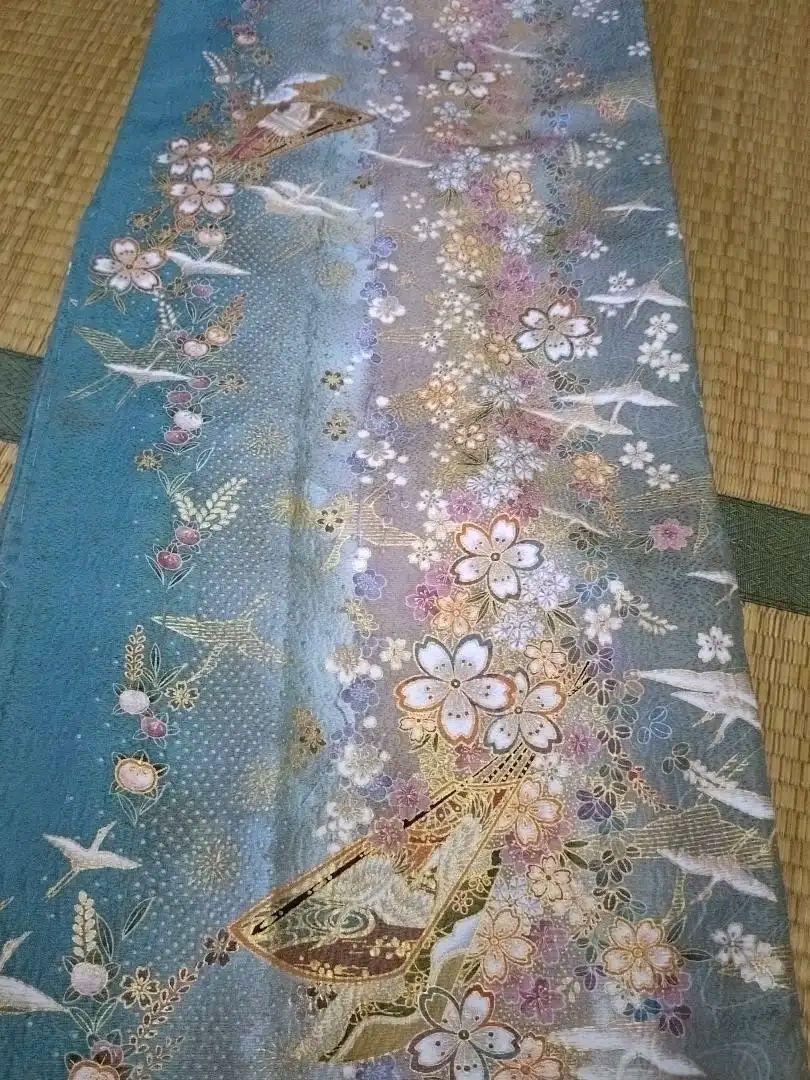 長襦袢 着物 高級 正絹 小紋 鶴 桜 金彩 灰緑 優品 未使用 三松シルク 画像11