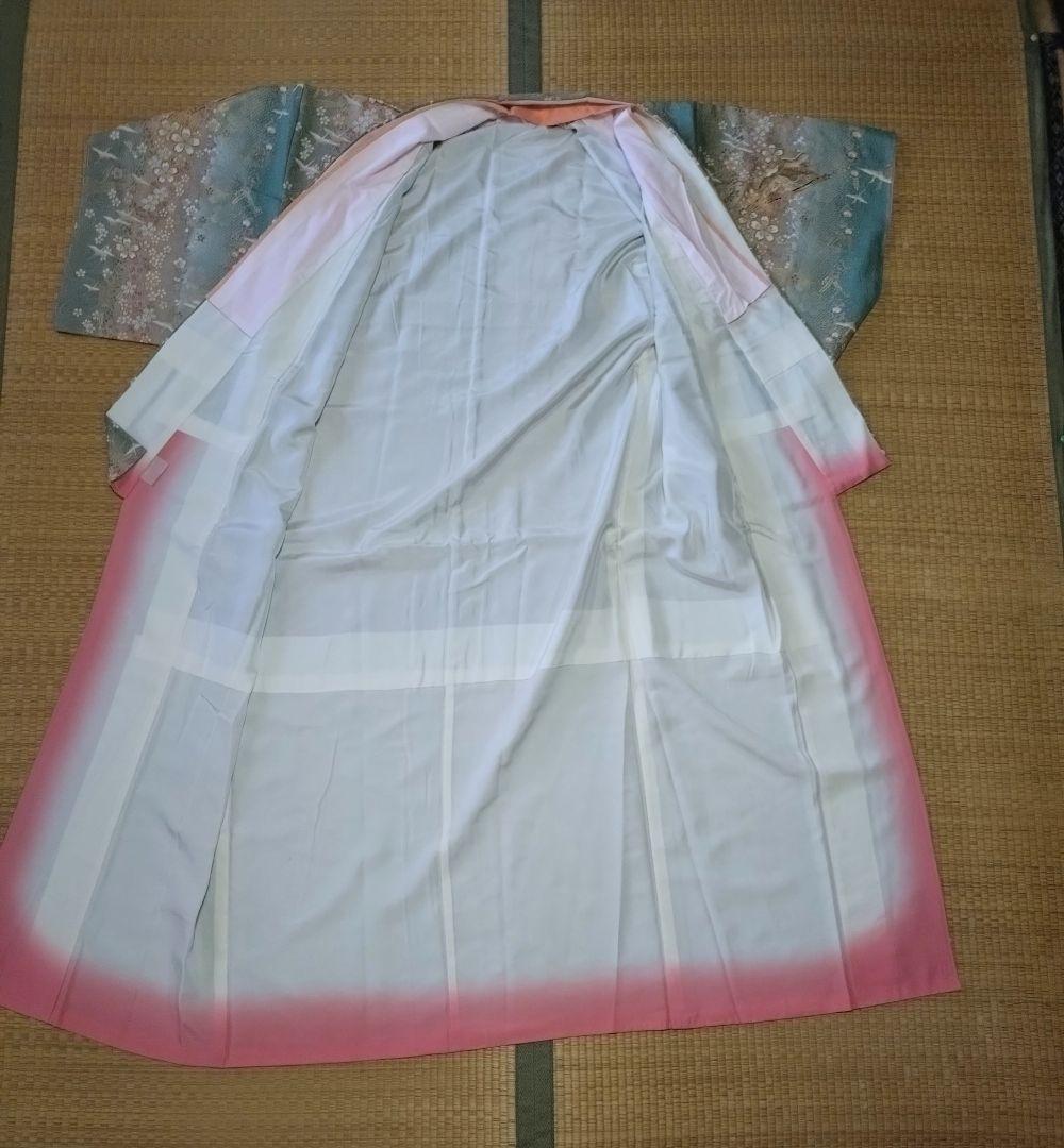 長襦袢 着物 高級 正絹 小紋 鶴 桜 金彩 灰緑 優品 未使用 三松シルク 画像2