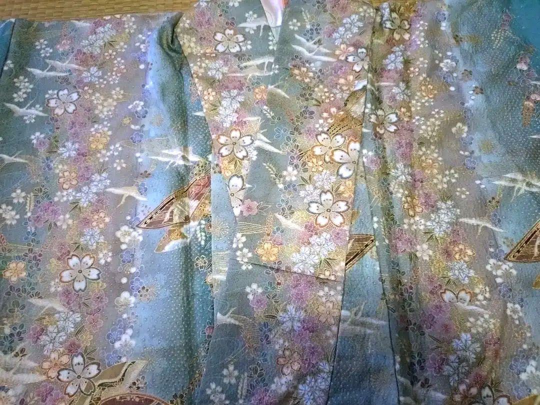 長襦袢 着物 高級 正絹 小紋 鶴 桜 金彩 灰緑 優品 未使用 三松シルク 画像5