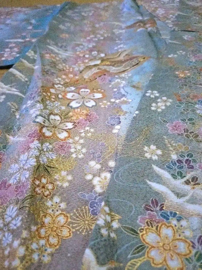 長襦袢 着物 高級 正絹 小紋 鶴 桜 金彩 灰緑 優品 未使用 三松シルク 画像6