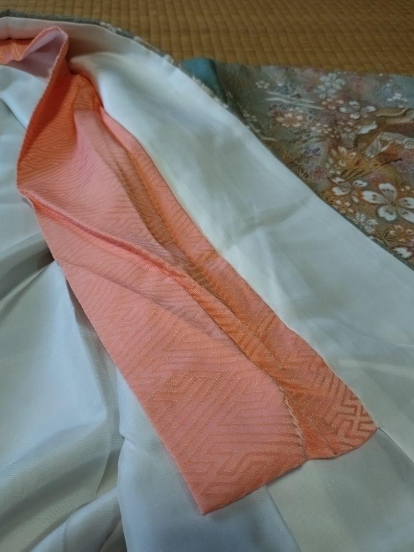 長襦袢 着物 高級 正絹 小紋 鶴 桜 金彩 灰緑 優品 未使用 三松シルク 画像8