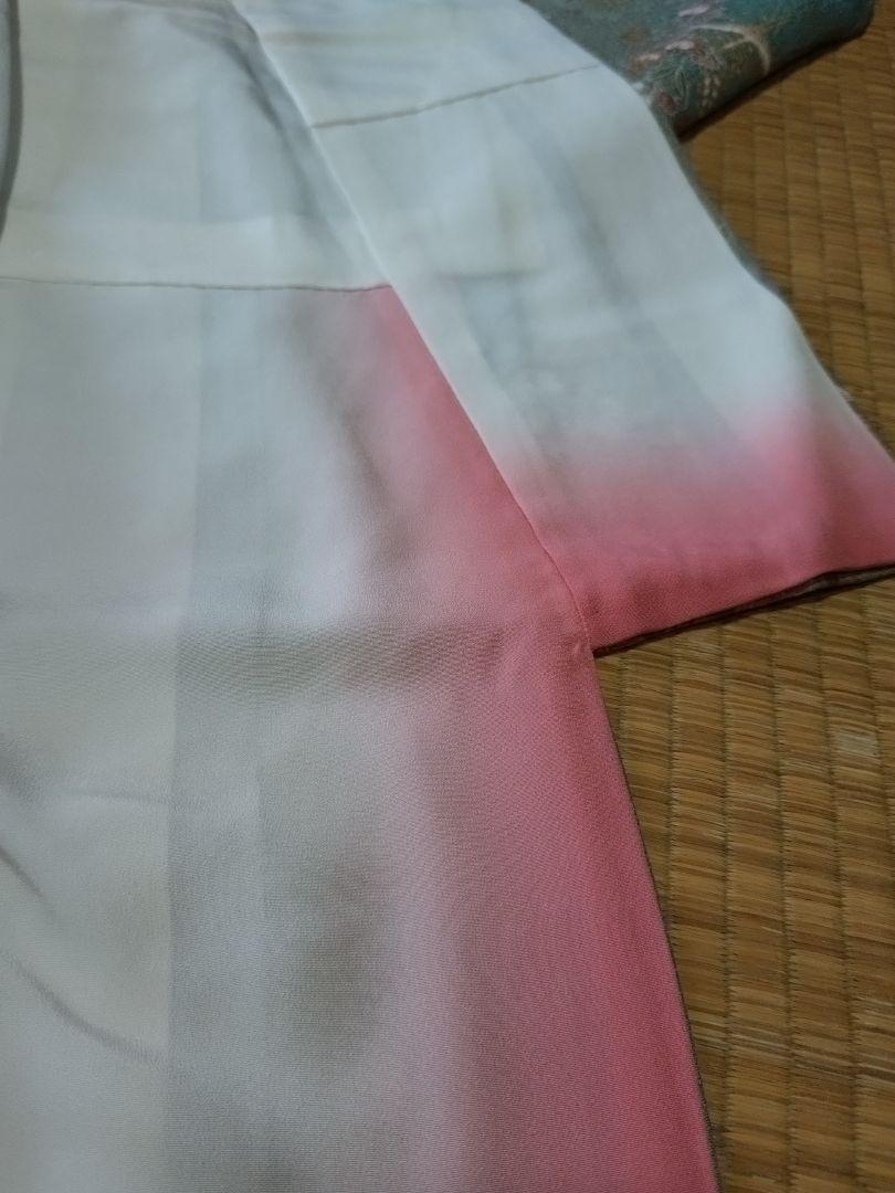 長襦袢 着物 高級 正絹 小紋 鶴 桜 金彩 灰緑 優品 未使用 三松シルク 画像9