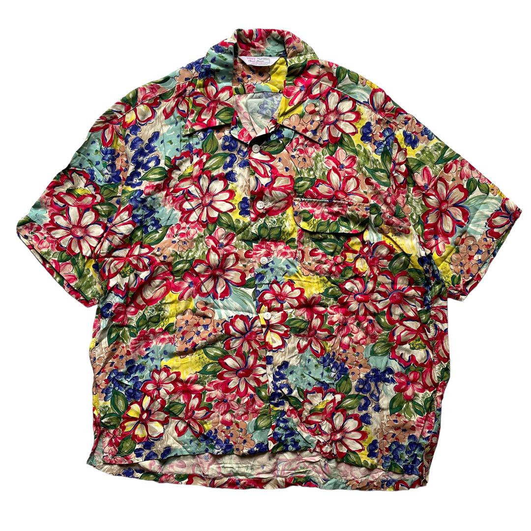 古着 Ascot Brown レーヨン アロハシャツ 袋襟 フラップポケット