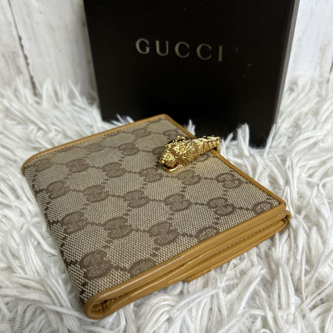 GUCCI GGキャンバス 二つ折り財布　タイガーヘッド　ブラウン　ゴールド
