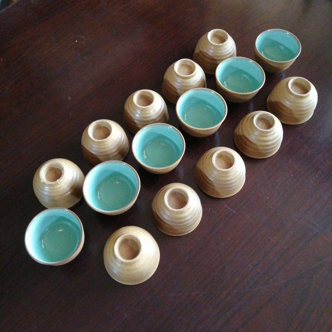 瀬戸焼　伊羅保中碧釉煎茶碗　16客　7cm　大正〜昭和初期