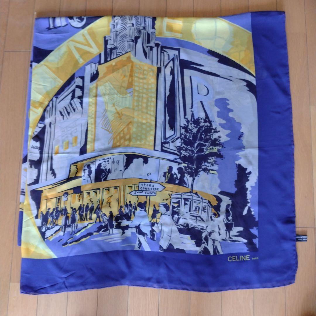 CELINE シルクスカーフ 青 黄色