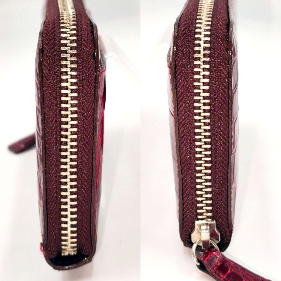【美品 高級◎】クロコ 長財布 ラウンド リアル ワイン シャイニー チャーム