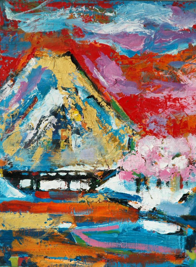 額付き(黒)油絵 uF6-111109 風景(橋の見える富士山) | www.agan.com.br
