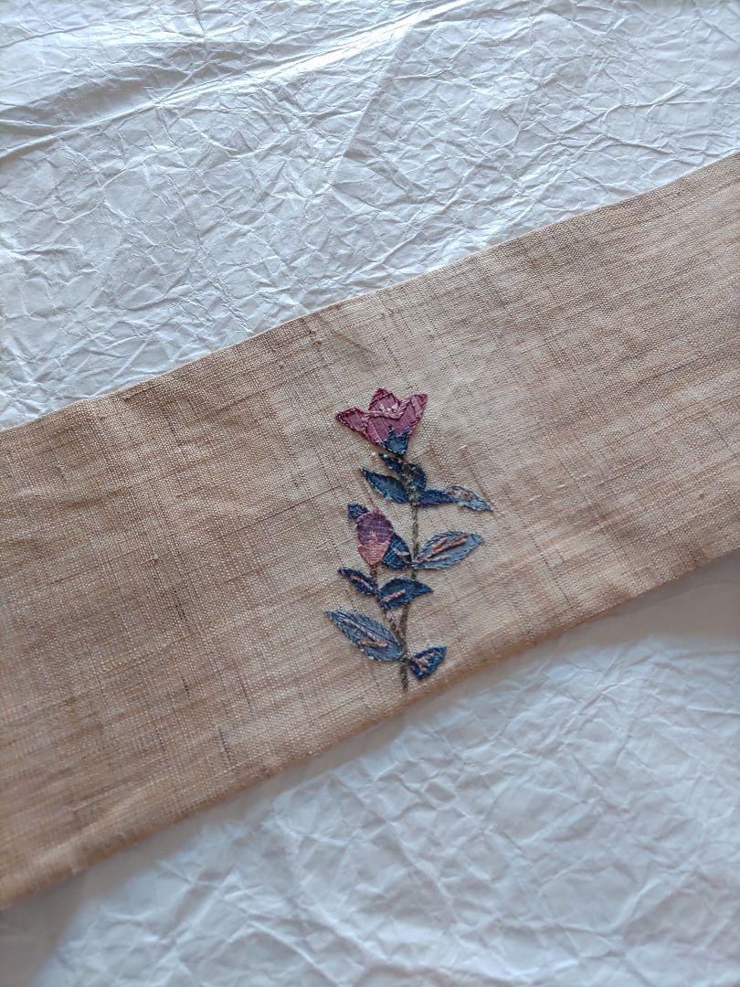 素敵なパッチワーク刺繍 夏 麻地 九寸名古屋帯