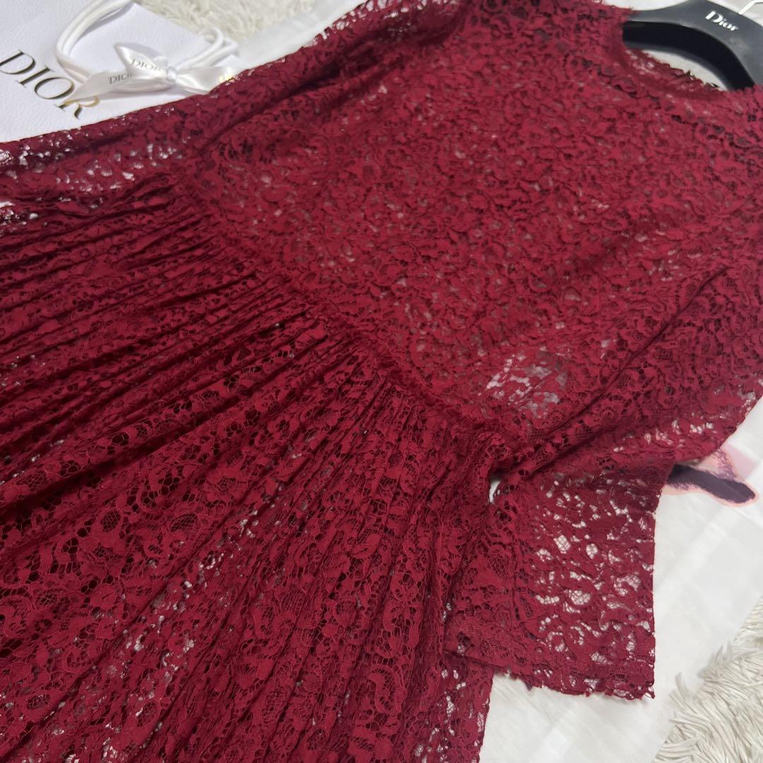 【美品】Christian Dior 総レースワンピース 膝丈 レッド フレア 画像3