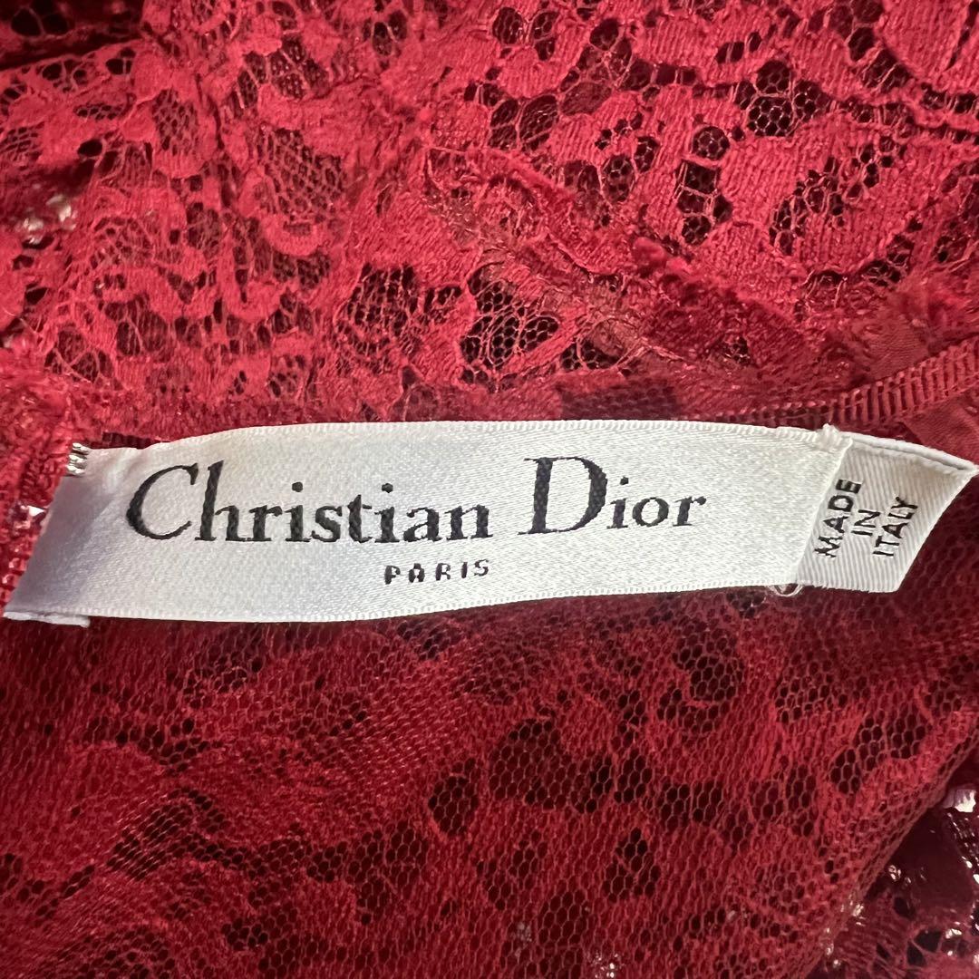 【美品】Christian Dior 総レースワンピース 膝丈 レッド フレア 画像7