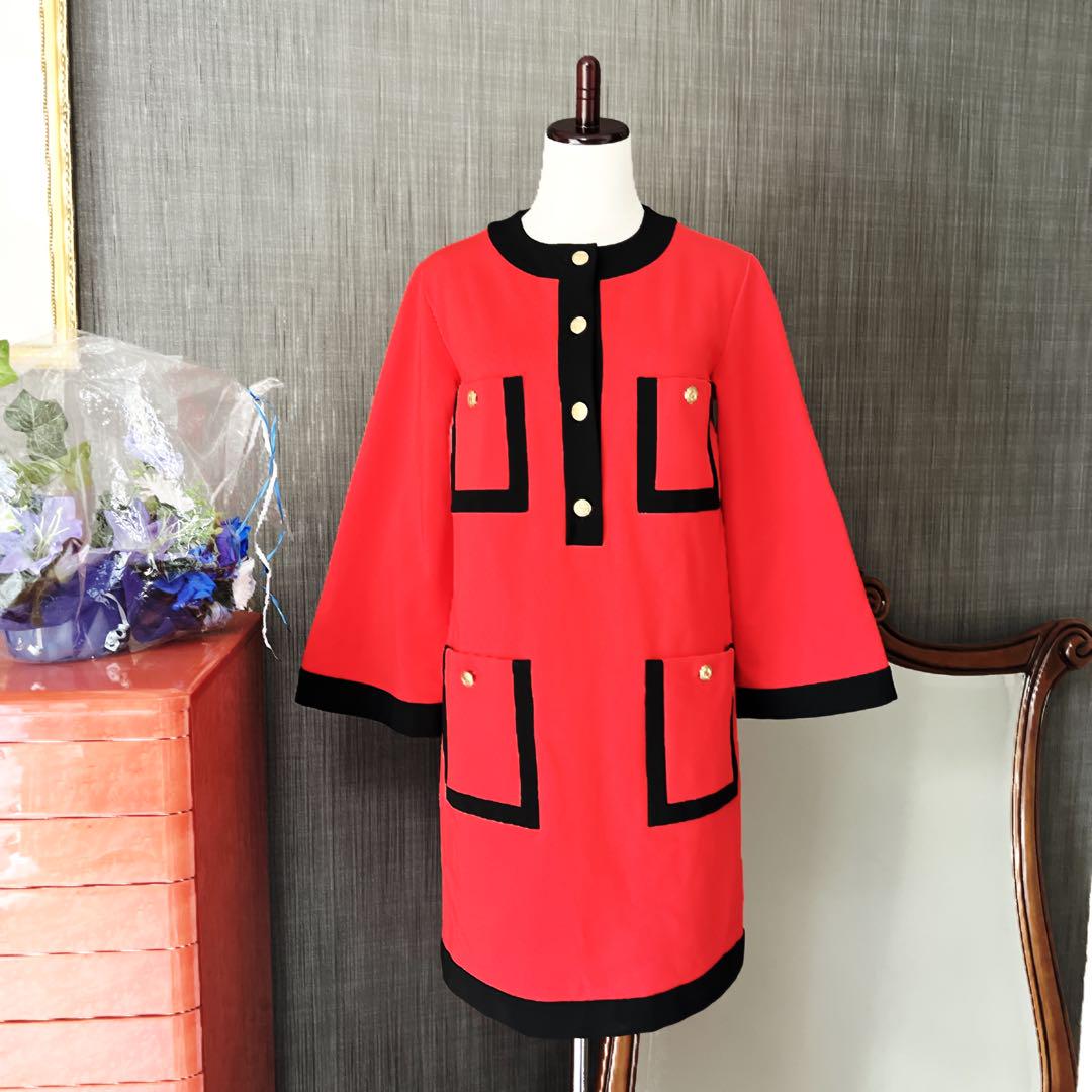 美品 GUCCI グッチ バイカラー レッド ワンピース ノーカラー