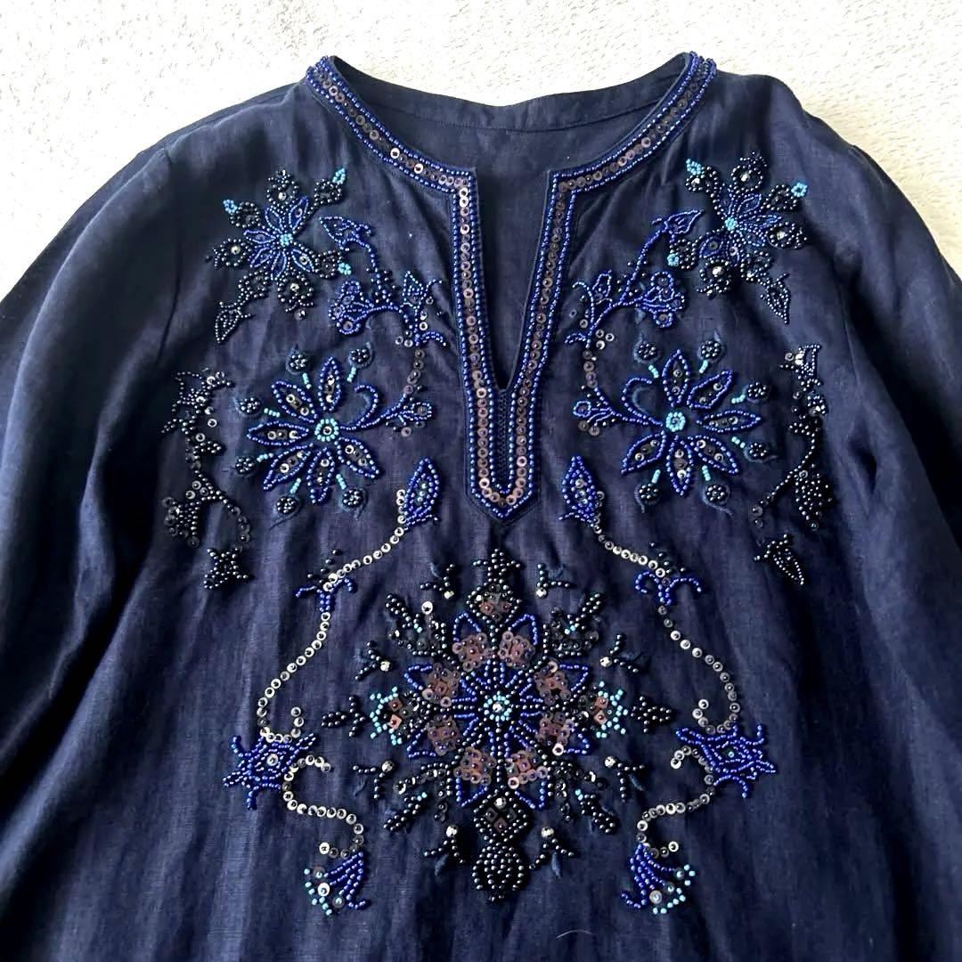 美品✨ダーマコレクション リネン100% チュニック ワンピース ビジュー 刺繍