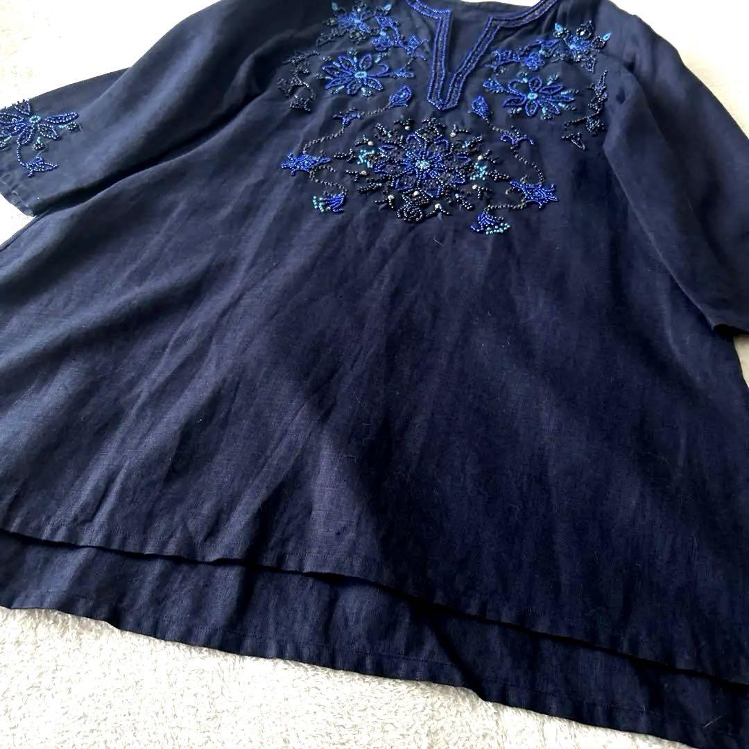 美品✨ダーマコレクション リネン100% チュニック ワンピース ビジュー 刺繍