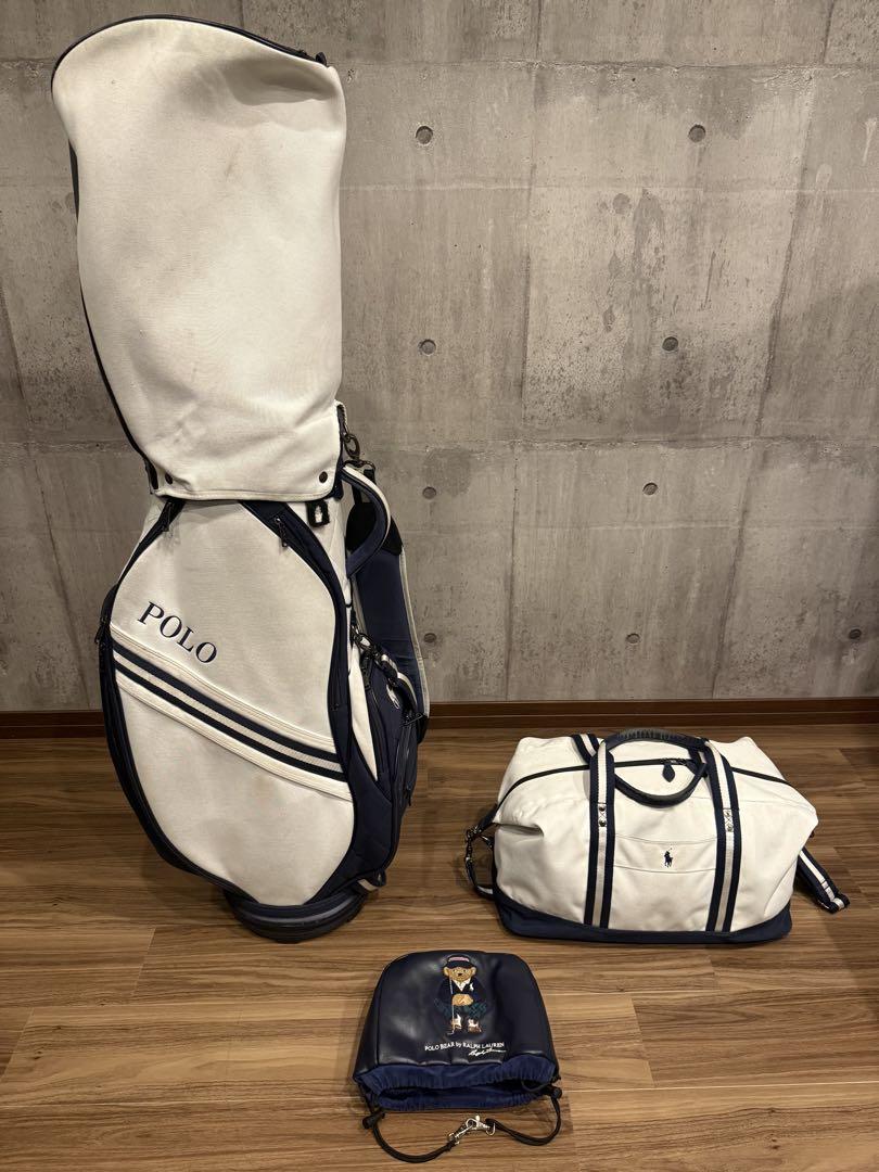 POLO キャディバッグ ホワイト・ネイビー　ボストンバッグ　アイアンカバー