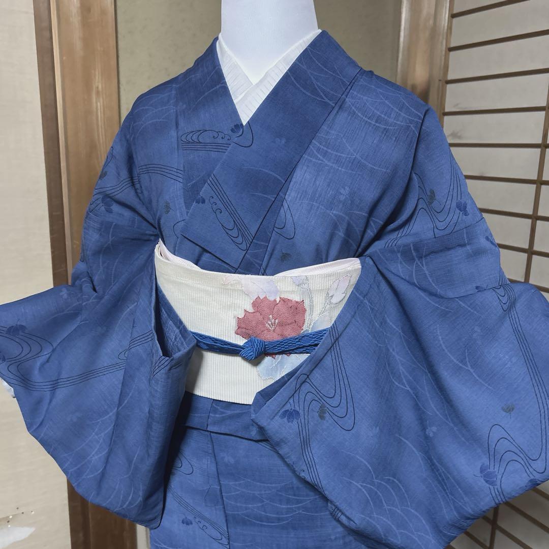 化繊紗紬風小紋フルセット4点 美品着物+夏帯+夏帯締め+夏帯揚げ