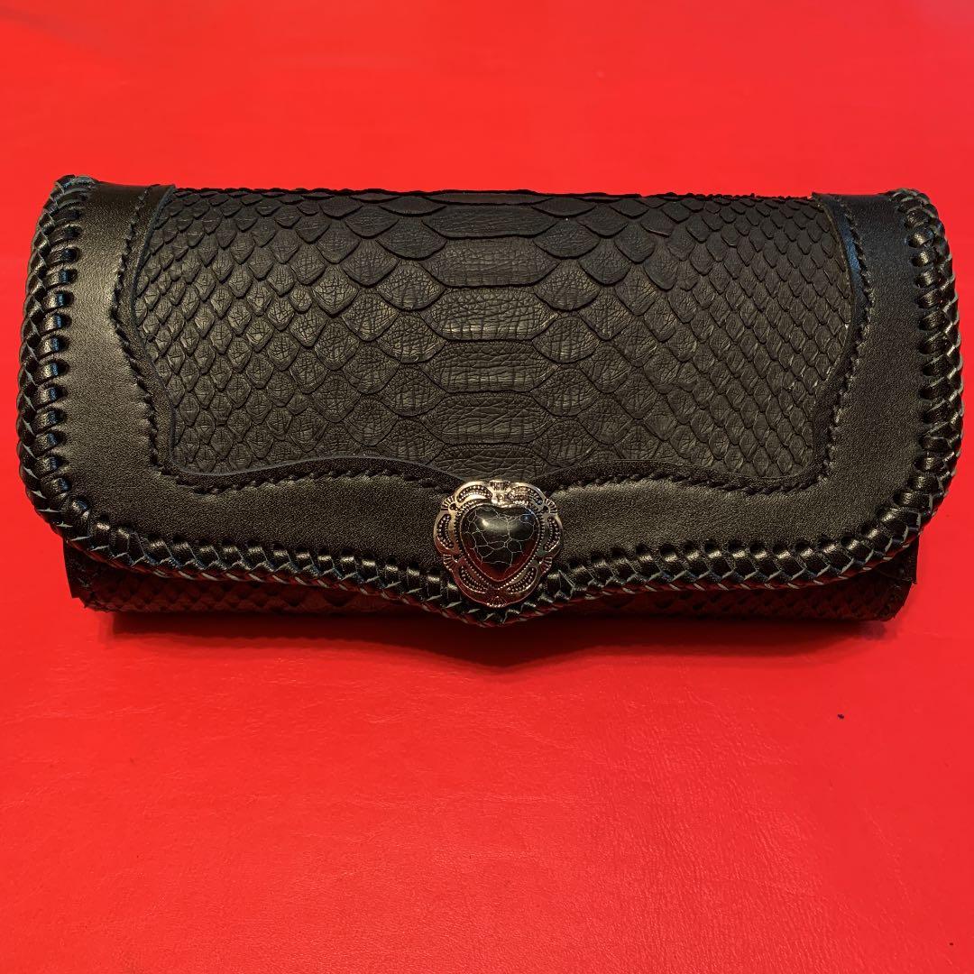 ハンドメイドレザークラフトブラックパイソン長財布牛レース編み黒色