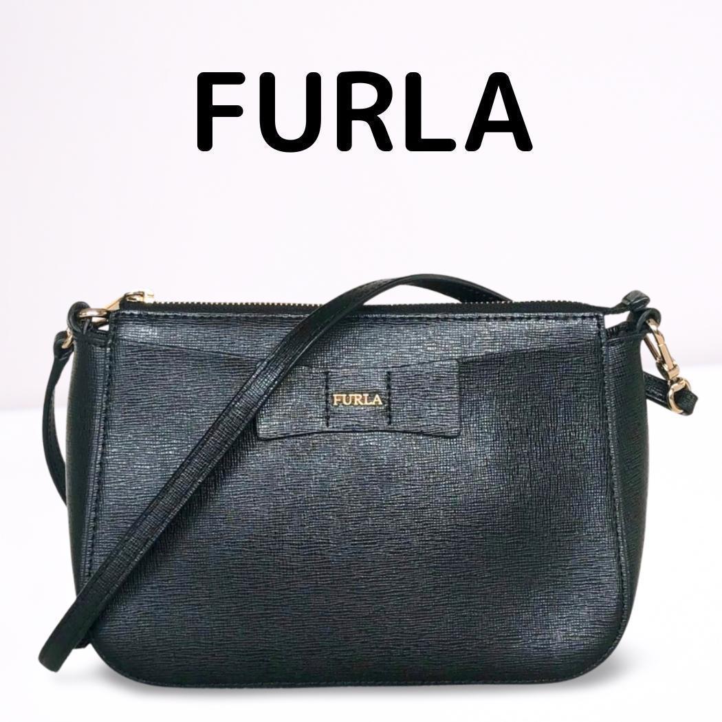 人気☆FURLA ブラック ショルダーバッグ リボンモチーフ 黒 レザー