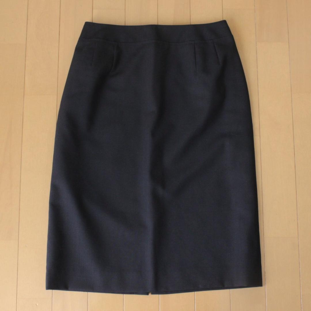 10【美品】イネド スカートスーツ 11 ブラック 黒 L ウール 面接 春夏秋