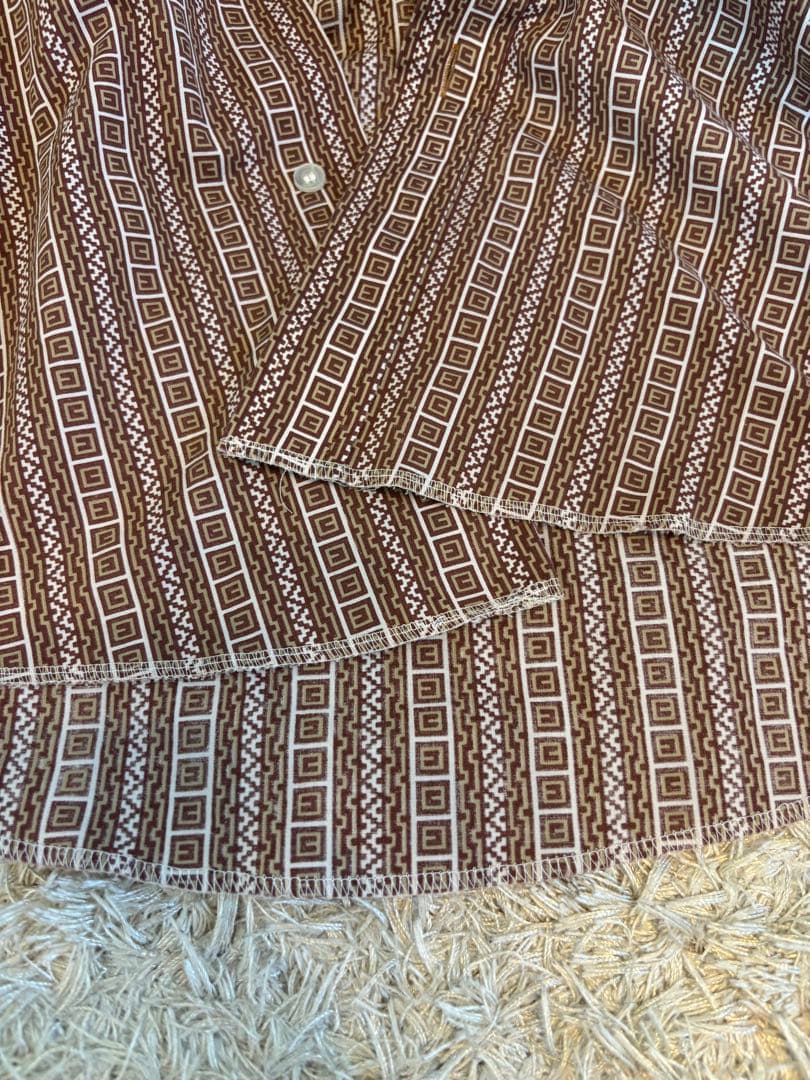 70s Sears シアーズ ブラウン系幾何学模様ボタンダウンシャツM・Sears WWW_MORNINGWALKER_COM