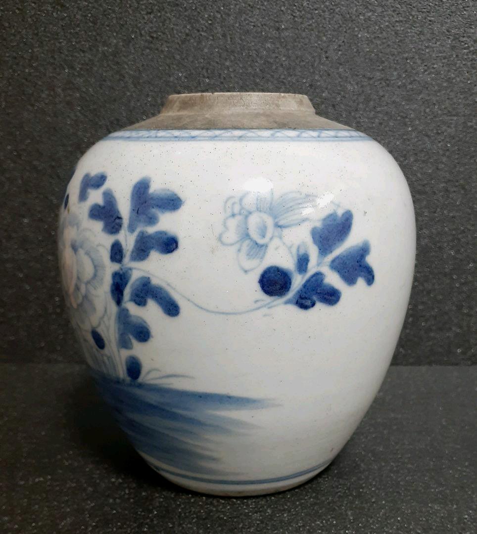中国古陶磁器 古玩 清代 民窯 青花 古染付 花図 茶壺 花入れ