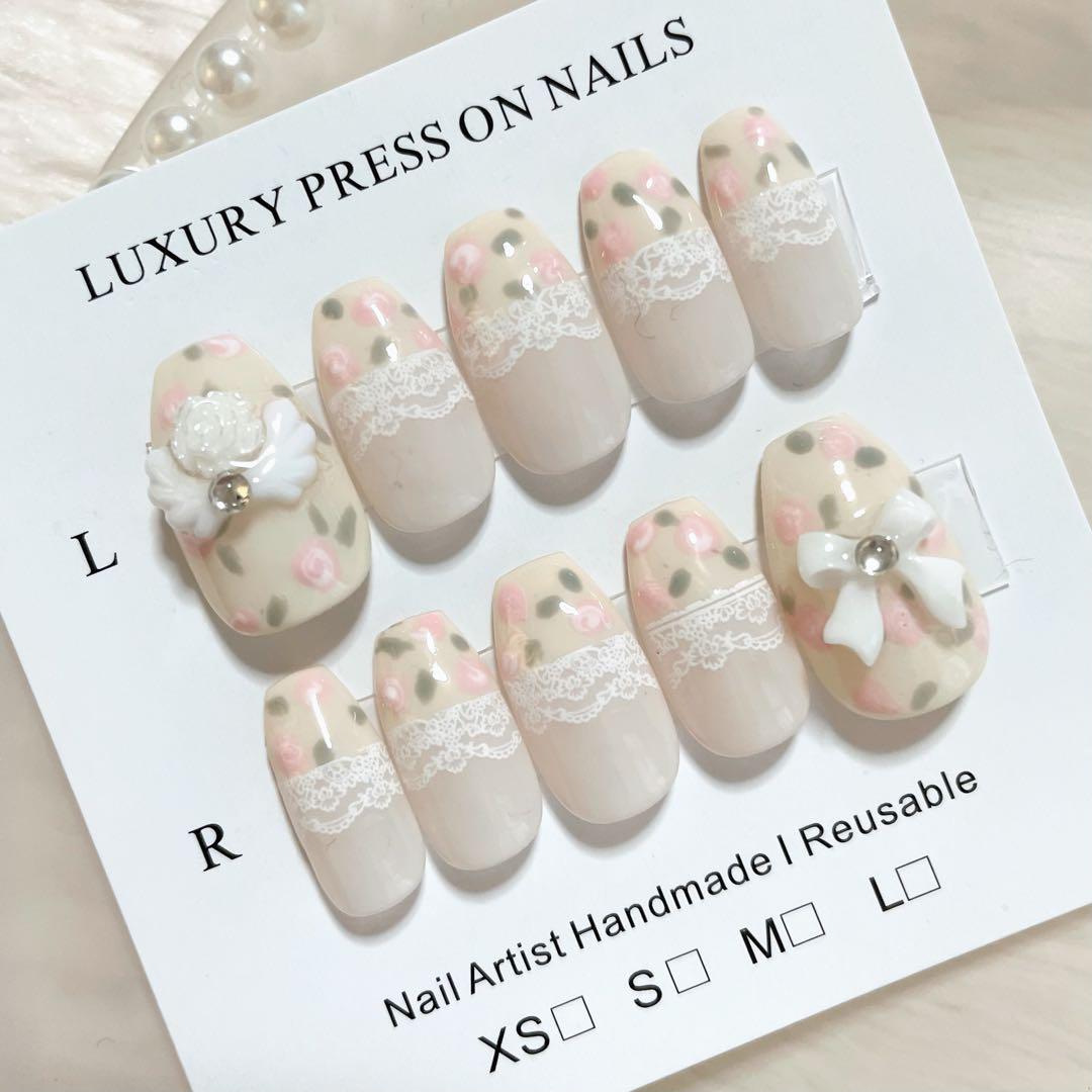 28))ネイルチップ フレンチガーリー バレエコア フラワー ラブリー ピンク 現品୨୧ちゅるんネイルチップ フレンチガーリーバレエコア