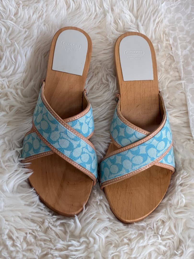 稀少 ♥品 ヴィンテージ コーチシャロンブルー＆ブラウンレザー木製下駄23.5cm・COACH KIN-KAAI_COM