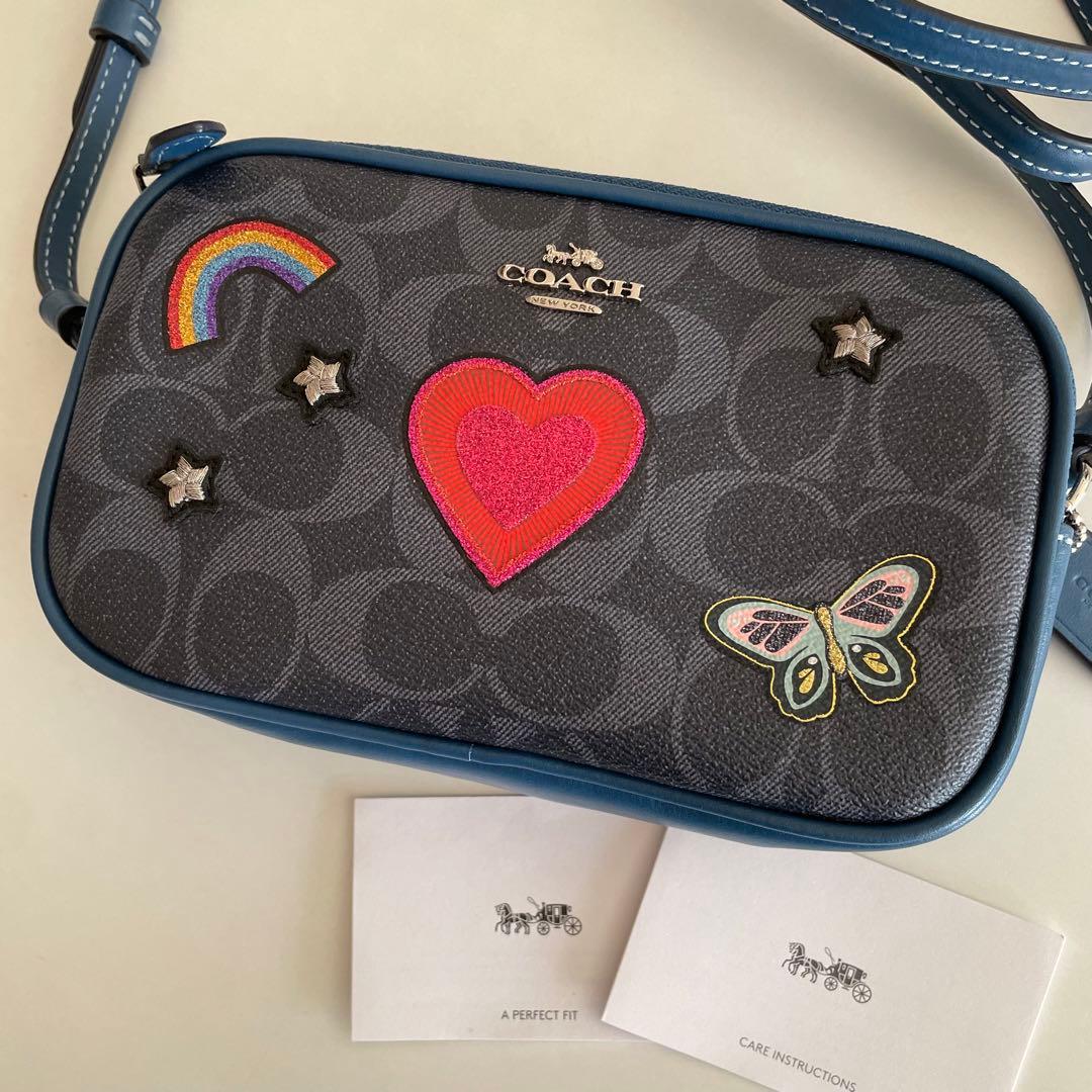 美品　コーチ　ショルダーバッグ シグネチャー　ネイビー　ダブルジップ