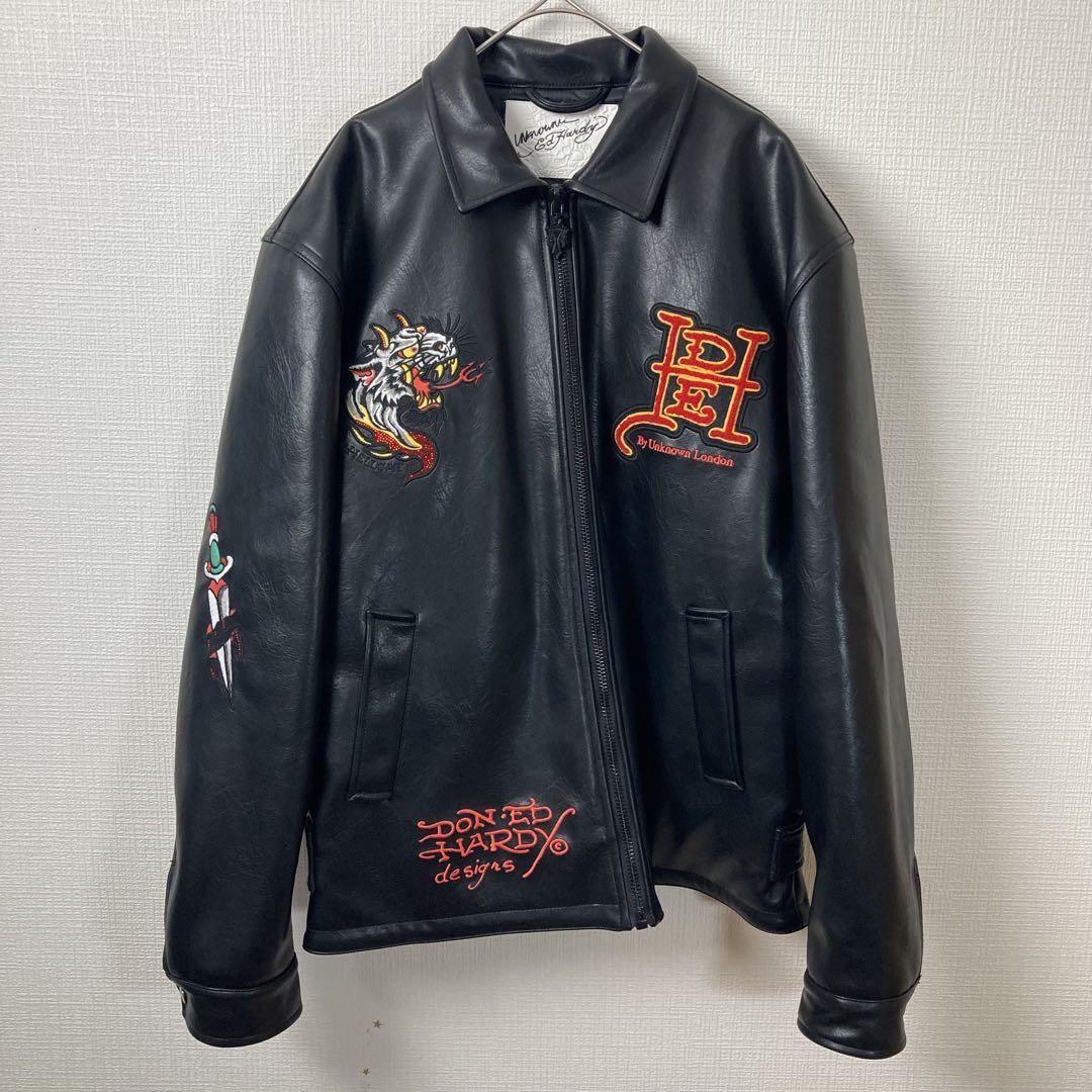 685 激レアコラボ UNKNOWN x ED HARDY レザージャケット M