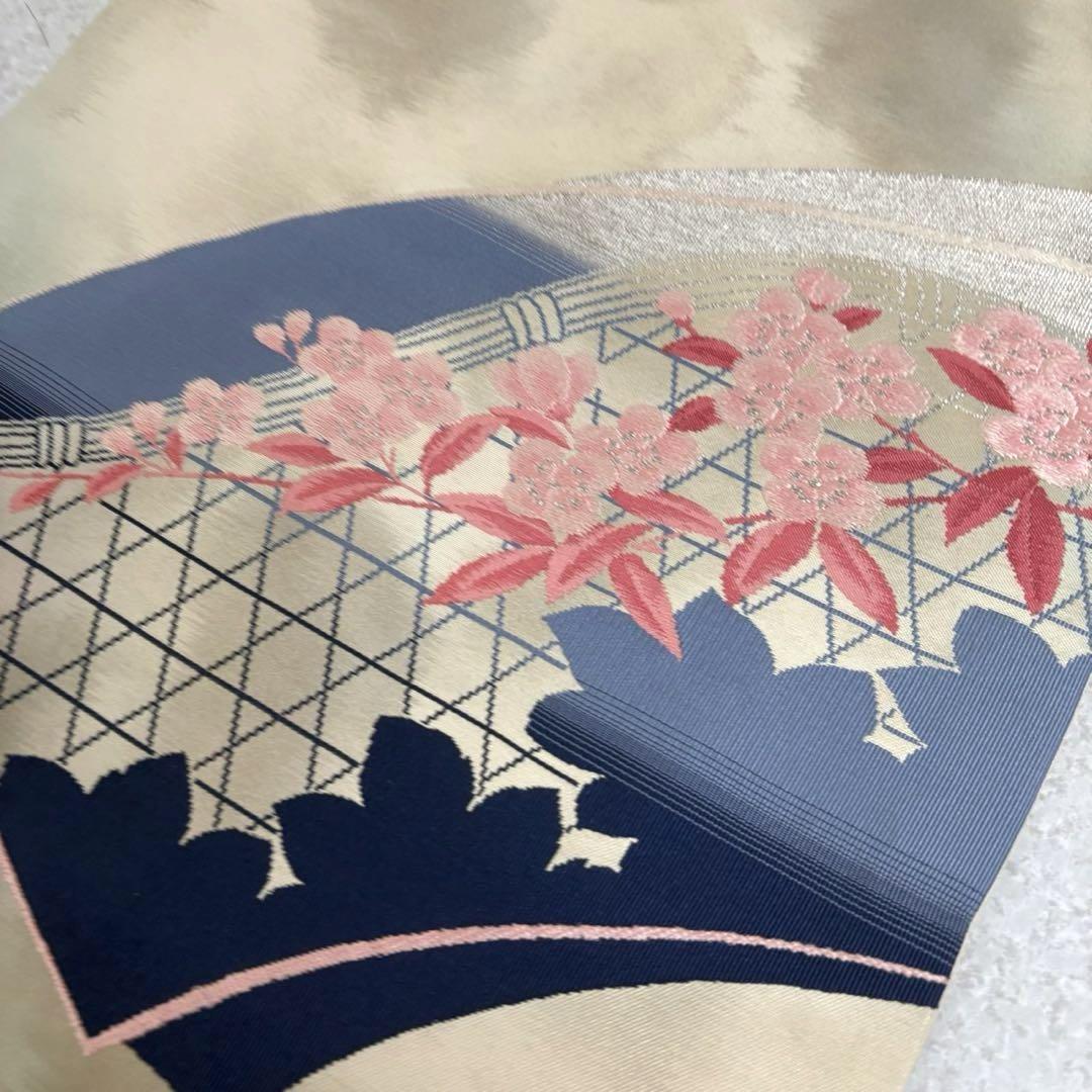名古屋帯 扇子に上品な花模様 九寸 正絹 着物 RO-2705