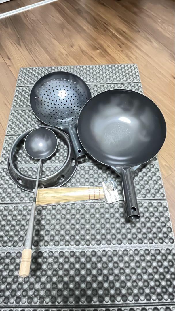 ◆中華鍋５点セット◆ 中華鍋30cm 揚げ物上げ鍋 五徳 お玉（中）ささら