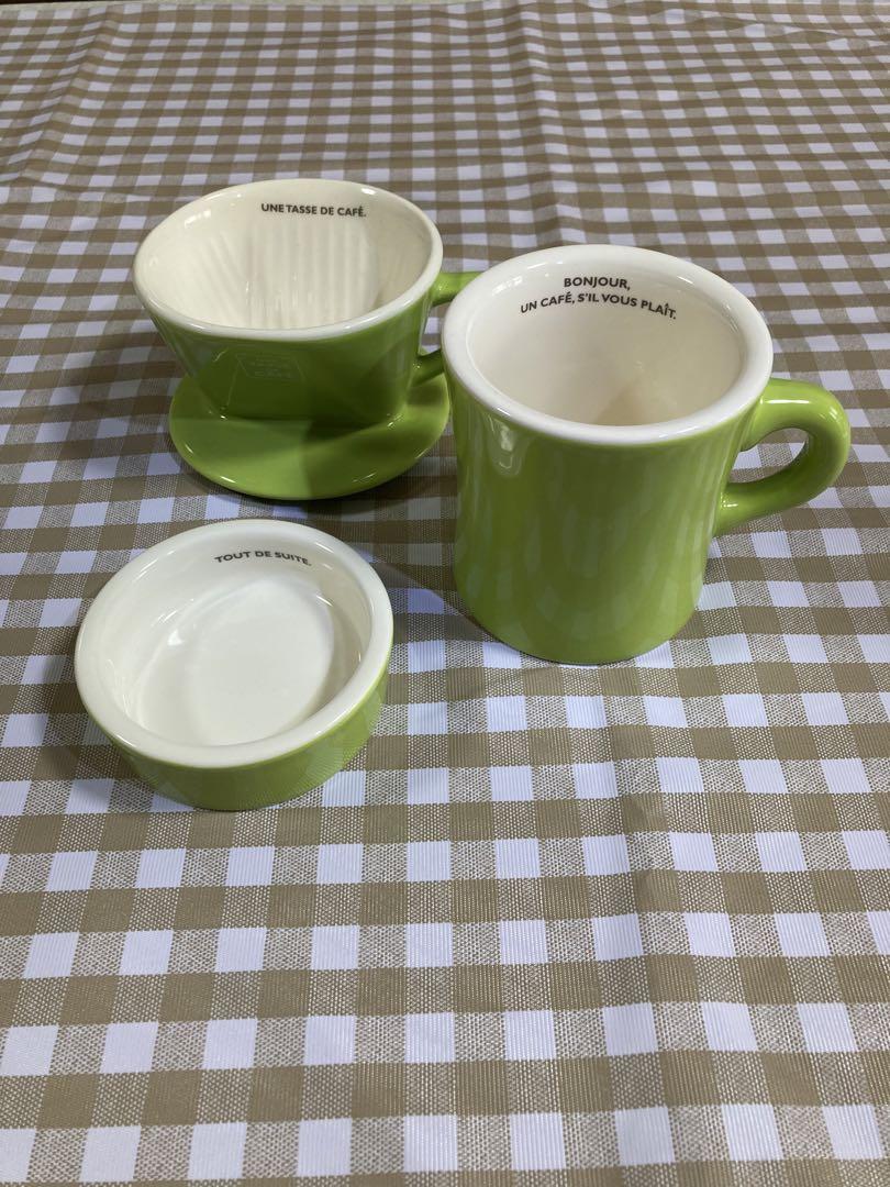 ワンカップコーヒードリッパー受け皿付き、グリーン 陶器 コーヒーセット