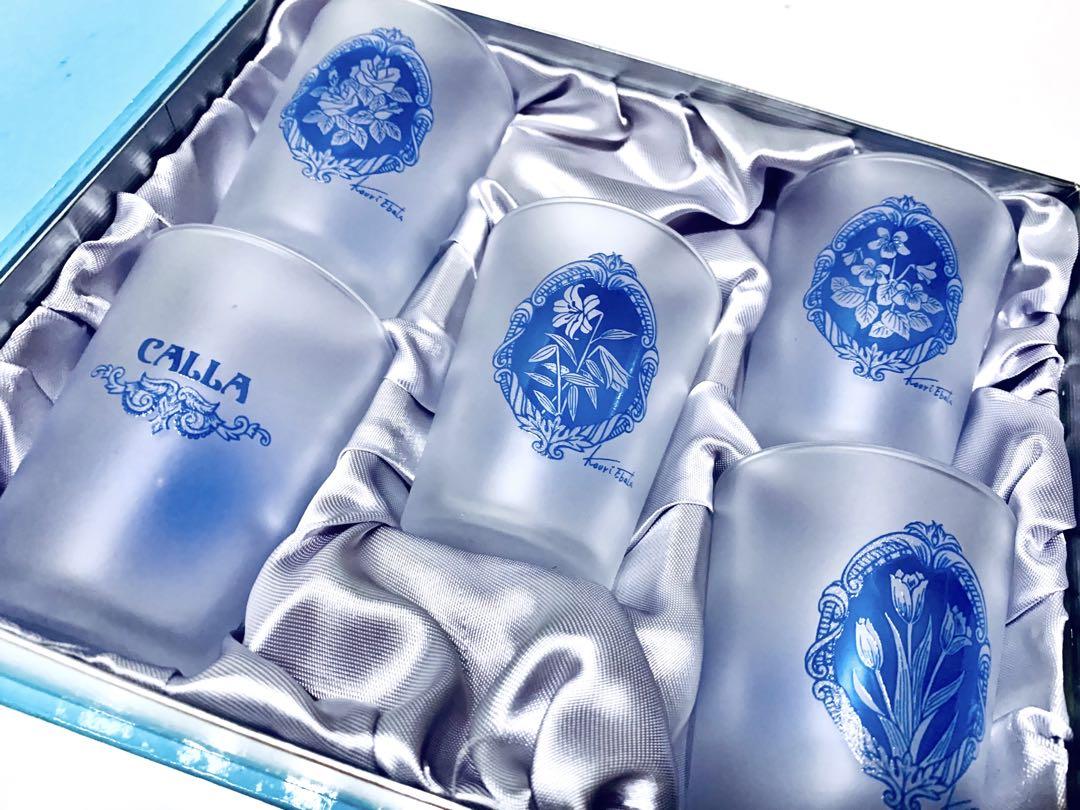 【匿名配送】未使用美品☆佐々木硝子☆花柄 グラス5個セット レトロ blue