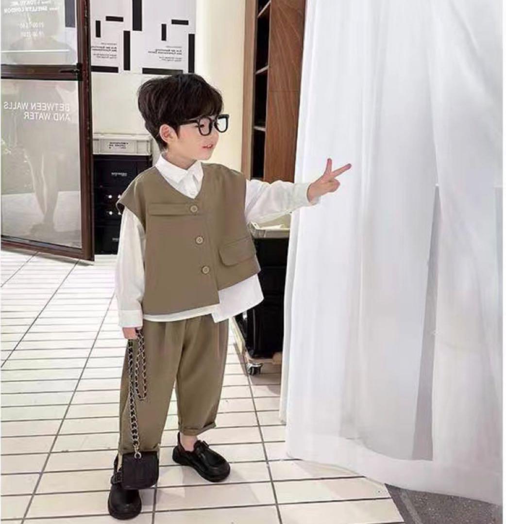 キッズ 男の子 スーツ セットアップ フォーマル 韓国 ベージュ 130cm