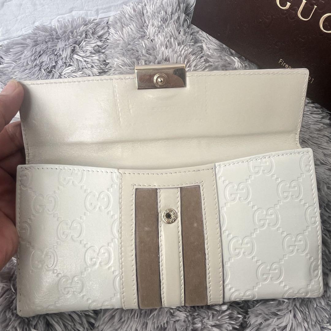 GUCCI✨長財布　シマ　ベロアライン　ロゴ金具　Wホック ホワイト