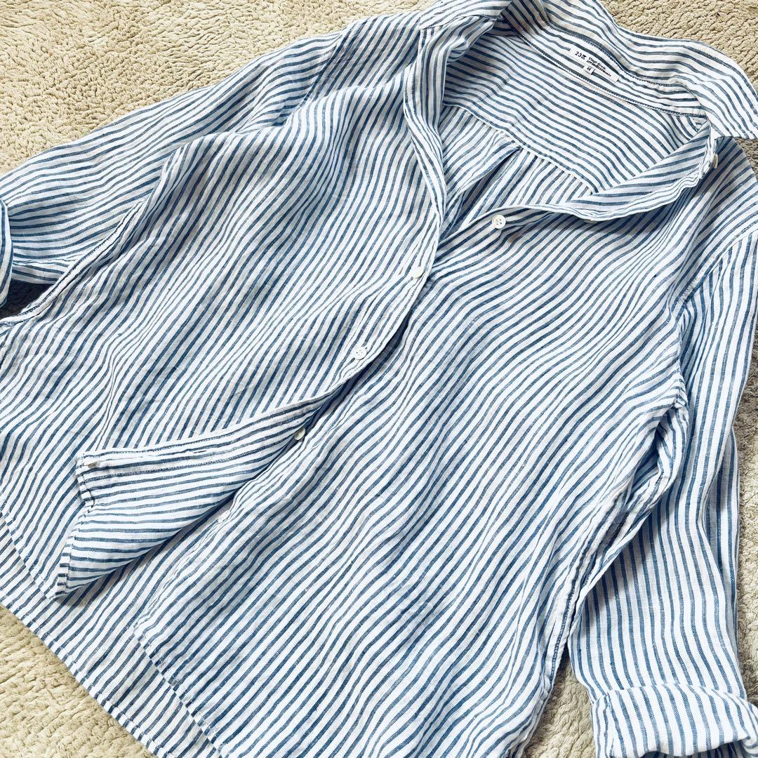 トトチ様✨23区 リネンシャツ 2way カシュクール ストライプ ブルー 44