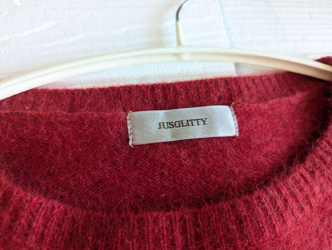 JUSGLITTY 赤 ラクーン クルーネック ニット レディース