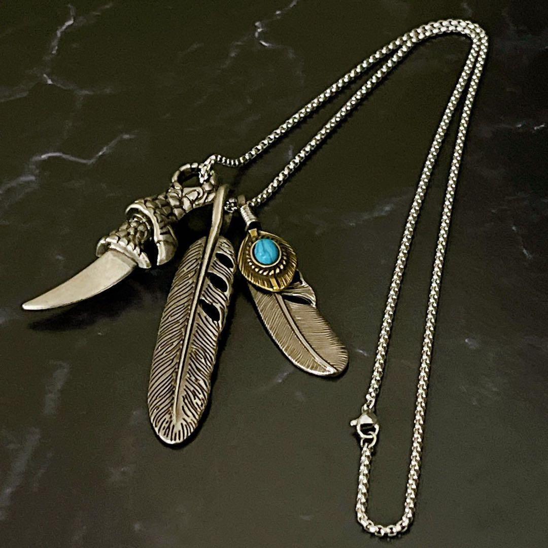 新品　silver 真鍮　ターコイズ　ネックレス　フェザー　メンズ　ギフト