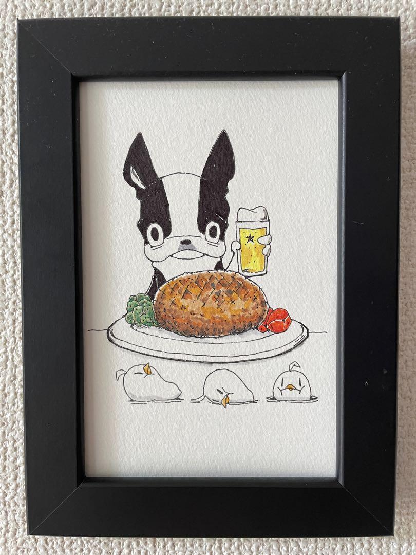 ボストンテリアハンバーグ手描きイラスト原画 - メルカリ