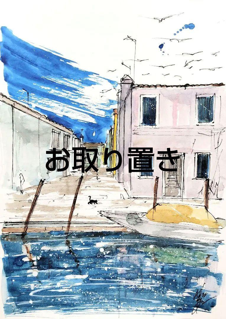 原画#3628 黒猫 ベネチア 水彩画 ドローイング インテリア